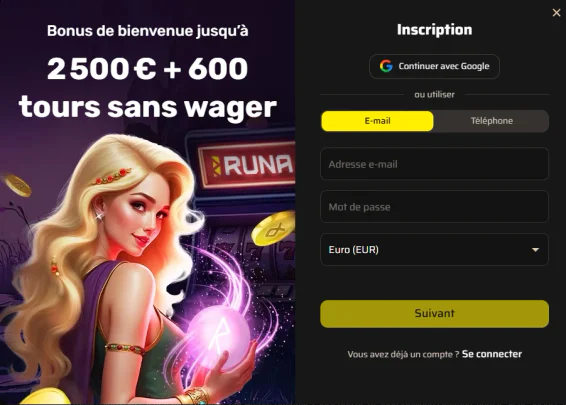 Formulaire d’inscription au casino Runa avec bonus de bienvenue jusqu’à 2 500 € et 600 tours gratuits